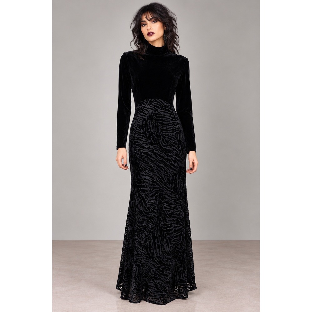 90s Morticia Goth Black Velvet Burnout Formal Maxi Dress Dark Romantic Size XXS